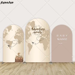 Adventure Awaits Travel theme Arch Backdrop Cover Customized Brown Baby Shower Party Chiara Arched Wall Background Banner