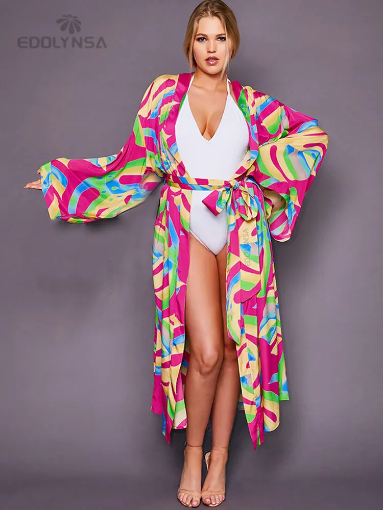 فستان كيمونو مطبوع بأكمام طويلة غير رسمي موديل 2023 ملابس شاطئ نسائية ملابس سباحة تغطية صيدا دي برايا Q1340 #4