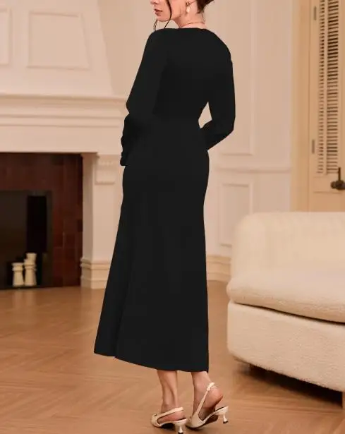 シルクサテンの女性用ドレス、フランスの高級感あふれる雰囲気、Vネック、ウエストシェイプ、長袖、フィッシュテールドレス、宴会に最適