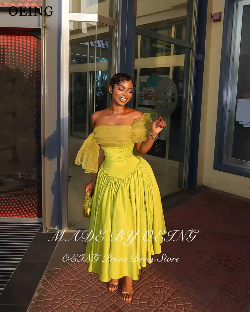 OEING Light Green A-Line Prom Dresses Off The Shoulder Pleats Sleeveless Satin Party Gowns Ankle Length Evening Dress Customized image 2