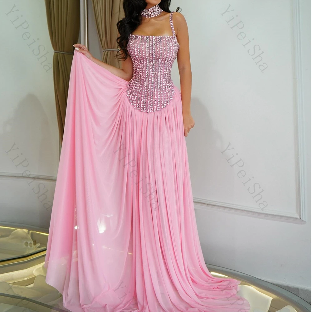 

Customized A-line Evening Dresses Floor-length High-neck Sleeveless Prom Gown Fashion Crystal Simple Draped Backless Party Gown