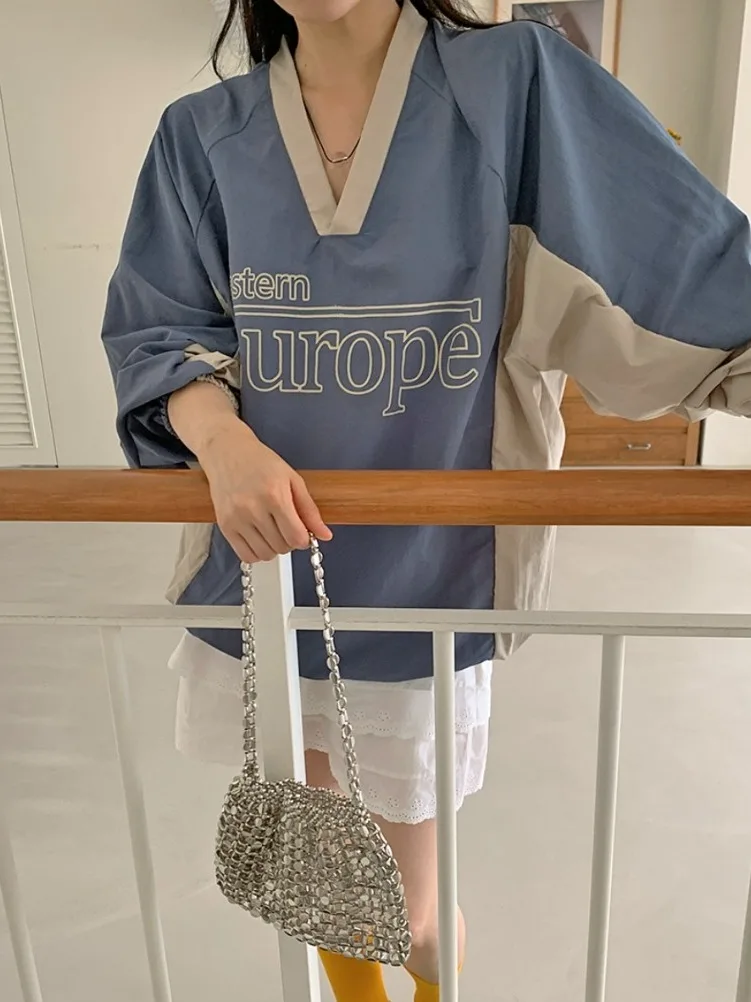 Mole f com capuz, estilo retrô esportivo casual, estampa de letras, blocos de cores, decote em V, soltinho, manga c...