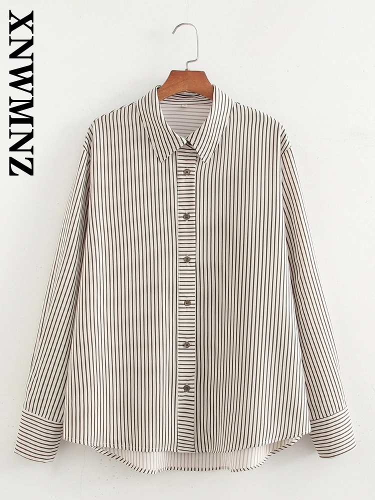 XNWMNZ 2024 Autumn New Woman's Casual Long Sleeve Shirt Coat Chic Woman Turn-down Collar Top Ruffles Regular Fit Print Striped