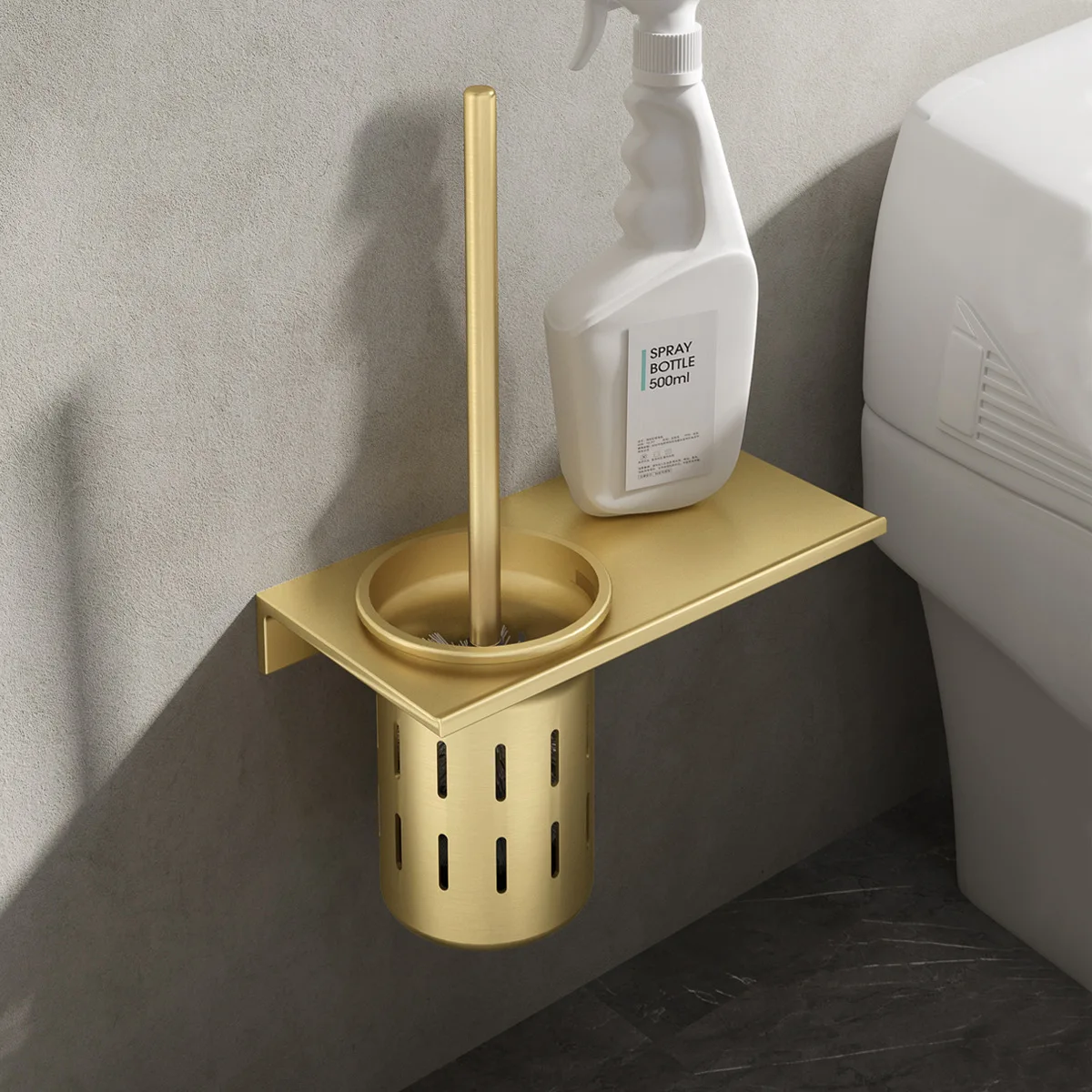 

Golden Toilet Brush Holder Wall Mounted Space Aluminum Toilet Brush Holder Brushed Gold Light Luxury Bathroom Cleaning Brush Set