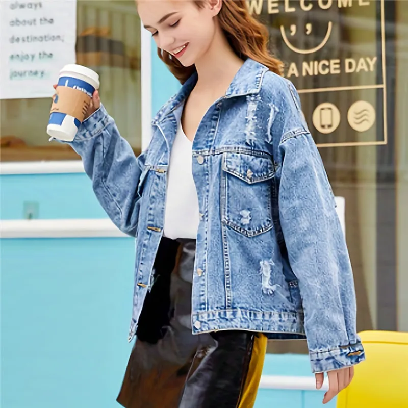 Korean Frayed Burrs Holes Denim Jacket Women Loose Casual Patched Print Lapel Batwing Sleeve Autumn Women Jeans Jacket Streetwea