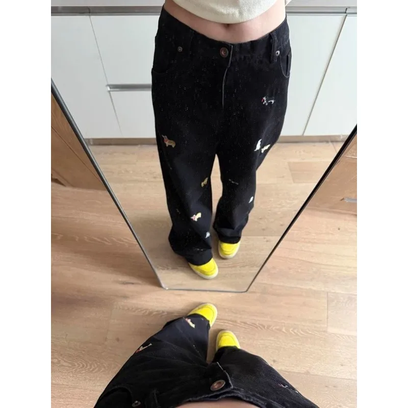 여성용 아메리칸 레트로 만화 워시 자수 청바지 여름 루즈 스트레이트 바지 다목적 긴 바지 캐주얼