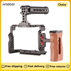 Andoer Camera Cage Kit Aluminum Alloy Video Rig with Top Handle Wooden Side Hand Grip Replacement for Sony A7R III/ A7 II/ A7III