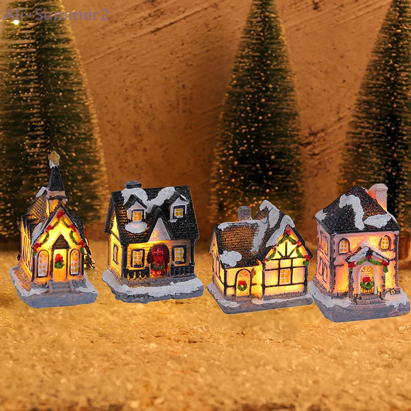 {Summer2}Mini LED Christmas Village Resin Crafts Snow House Buildings LED Light DIY Home Indoor Decoration Xmas Gifts