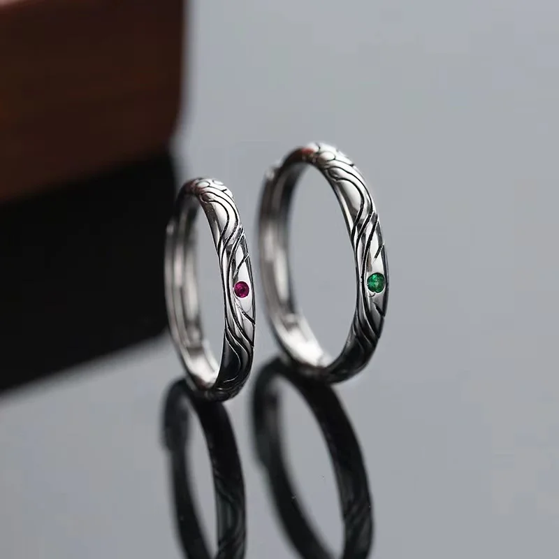 Popular Lines Pattern Ring Men Silver 925 Jewelry Adjustable Vintage Crystal Red Green Stone Ring Male Index Finger Accessories