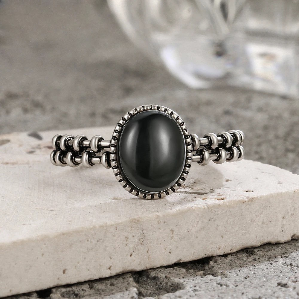 Nouveau S925 bague en argent Sterling naturel noir Onyx Vintage Unique fête Couple cadeau bague pour femme