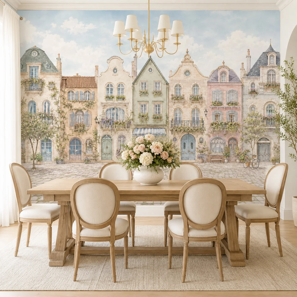European Street Peel and Stick Wallpaper Vintage Pastel Houses Wall Mural Self Adhesive Living Room Bedroom Home Decor