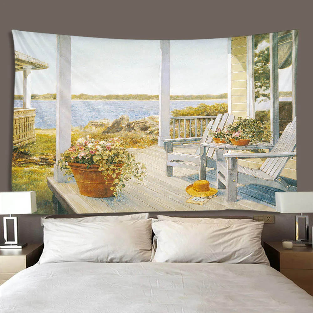 Vintage Seaside Resort Landscape Oil Painting Tapestry Sea View Hotel Wall Mounted Background Cloth for Room Decoration