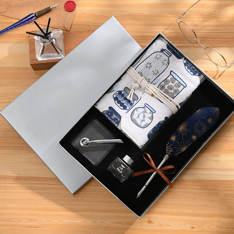 Creative Feather Pen Set With Cloth Notebook Ink Bottle Pen Socket Vintage Calligraphy Writing Dip Pen Office Stationery