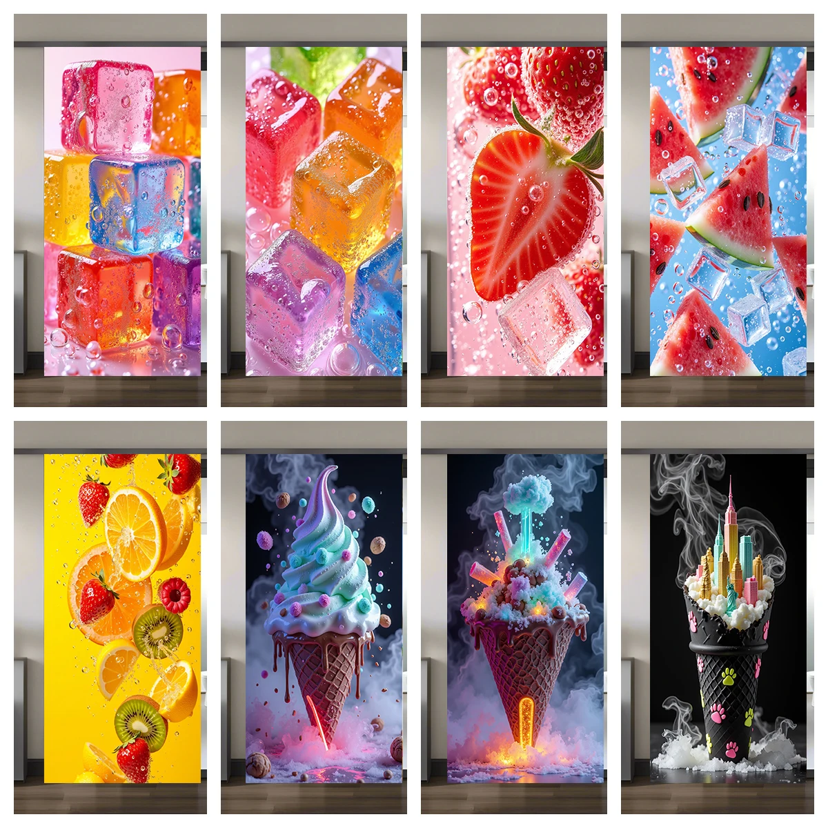 Creative Technology Ice Cream Fruit Decorations Artistic Doors Wallpaper Stickers for Door Bedroom Living Room Cabinets Decor
