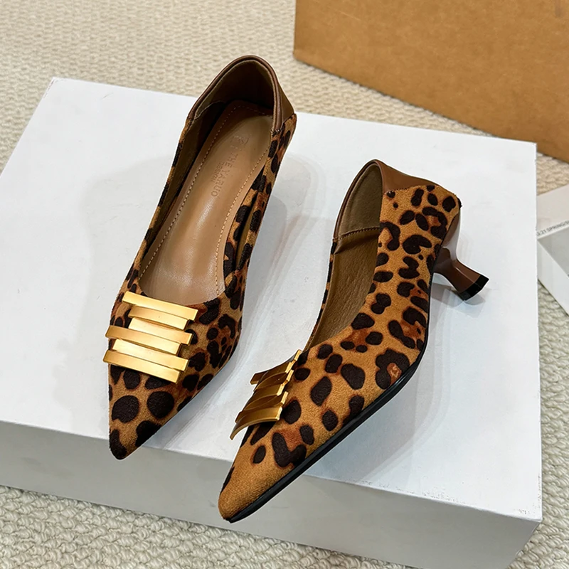 Women Leopard High Heels Shoes Designer Pointed Toe Shoes Spring Slippers 2026 Elegant Party Pumps Chunky Walking Shoes Woman