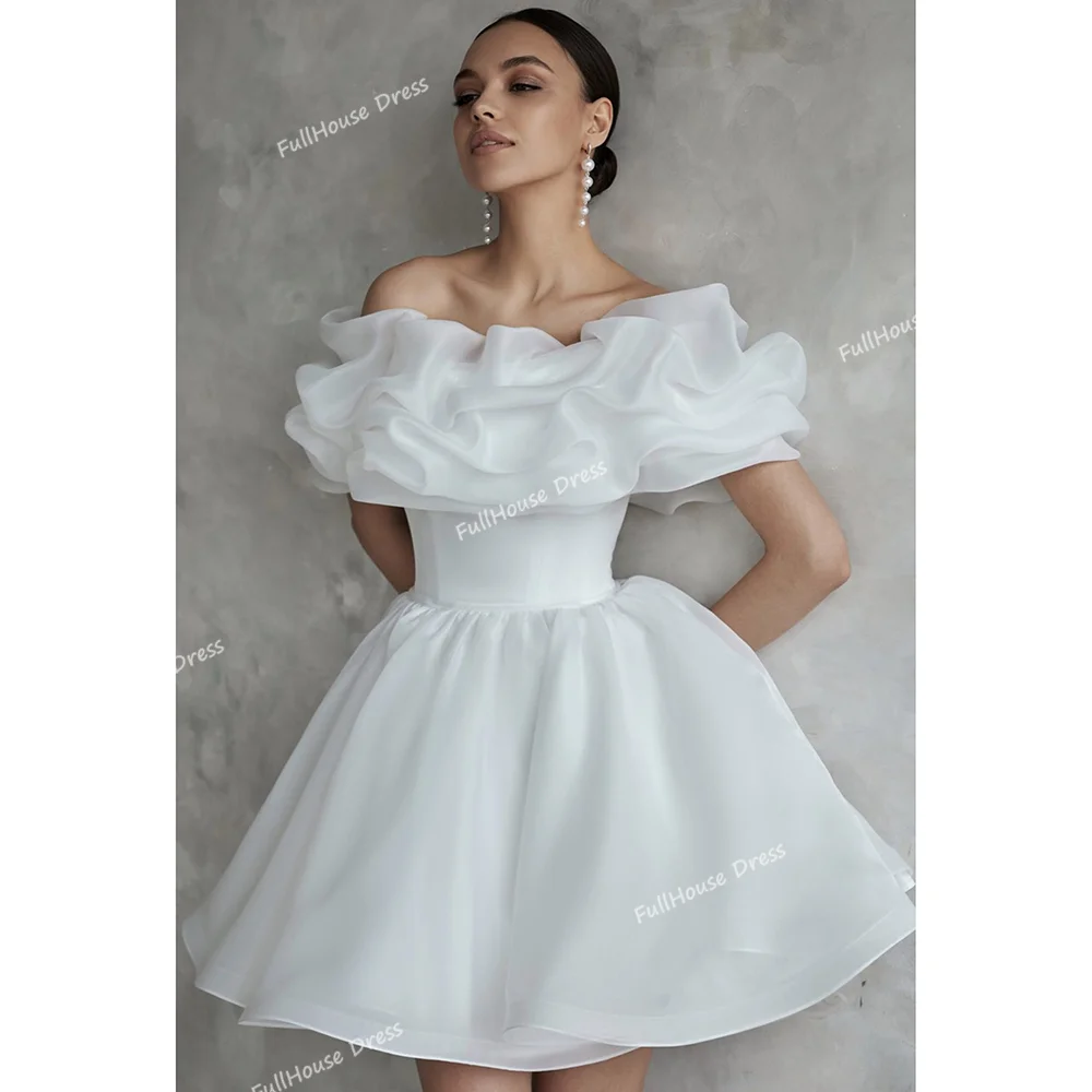 

Custom Made Modest Boat Collar Ruffles A-line Short Min Lace up Back Party Dress Draped Puffy Prom Dress robes de soirée