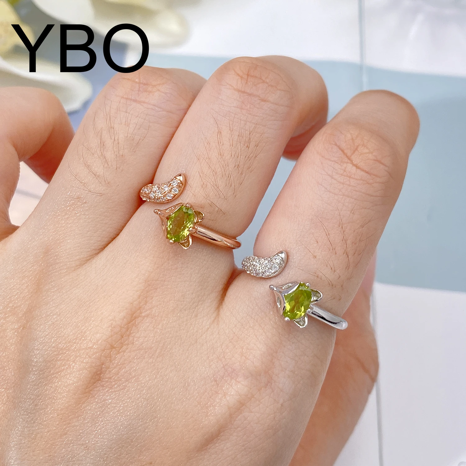 YBO Open Size Cute Fox Animal Rings Natural Peridot CZ Gemstone Fine Jewelry 925 Sterling Silver Rings For Wedding Dating Gifts