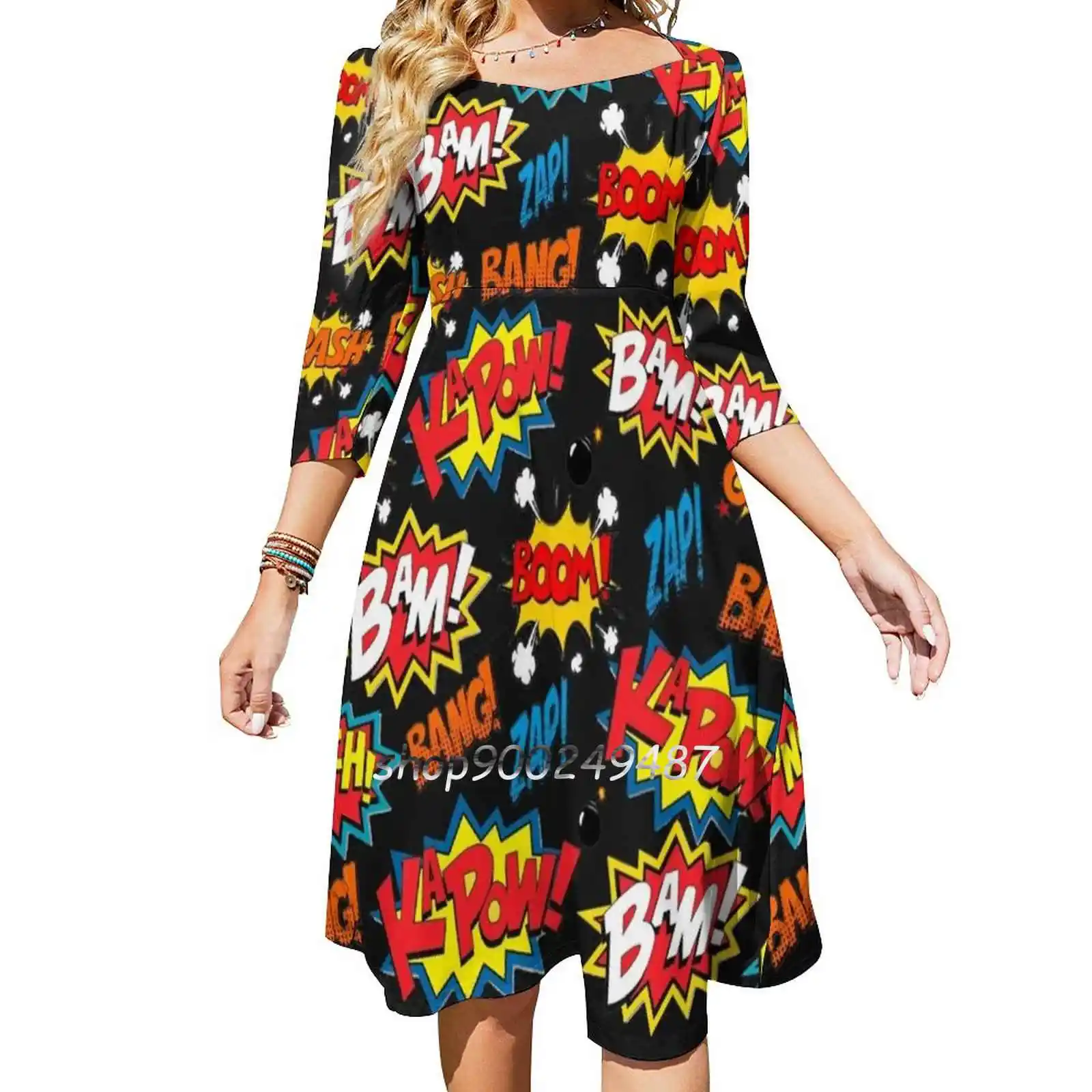 

Comic Book Explosion Square Neck Dress Cute Loose Print Dresses Elegant Beach Party Dress Explosion Comics Nerd Bomb Bang