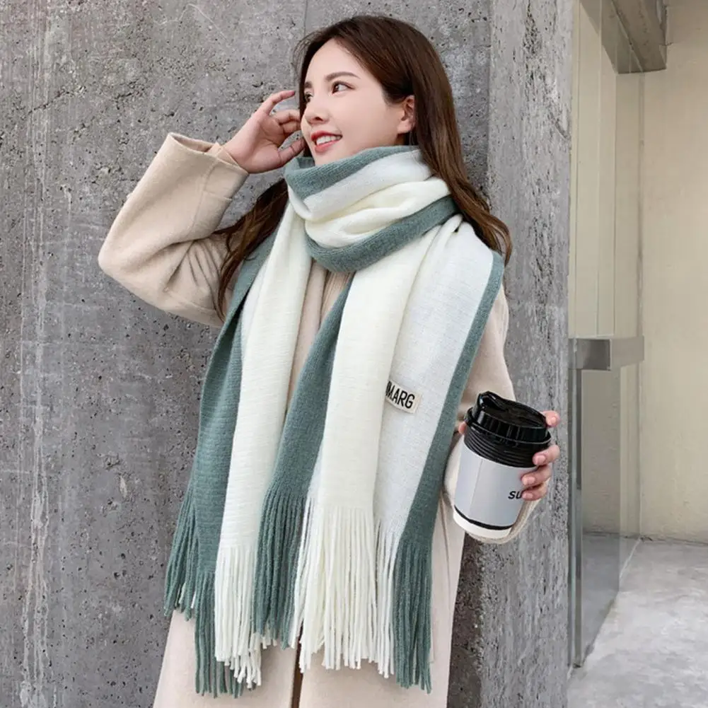 Tasseled Hem Scarf Color Block Design Scarf Cozy Winter Scarf with Tassel Decor Windproof Patchwork Design for Women for Outdoor