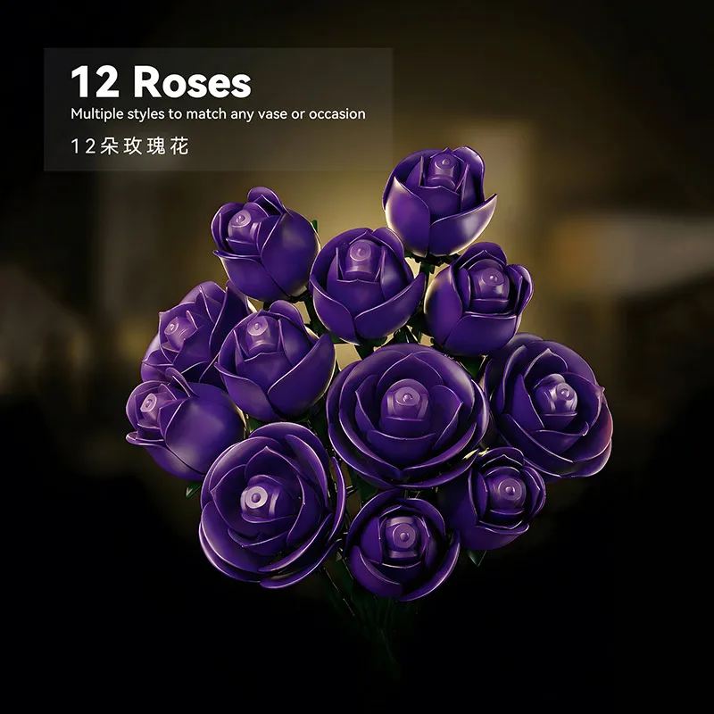 

2026 Purple Rose Assembled Building Blocks Set, Bonsai Floral Arrangement, Desktop Decorative Ornament, Mother's Day Gift
