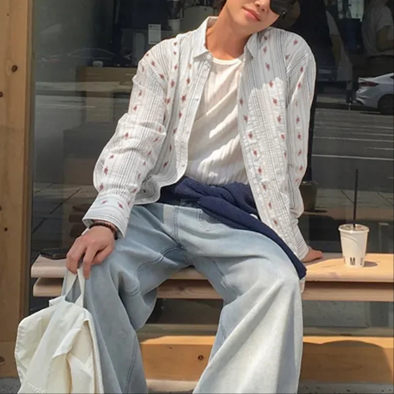 

INCERUN Мужская рубашка в полоску с принтом и лацканами с длинным рукавом, свободная мужская одежда, уличная одежда, 2026, модные повседневные топы, мужские рубашки S-5XL