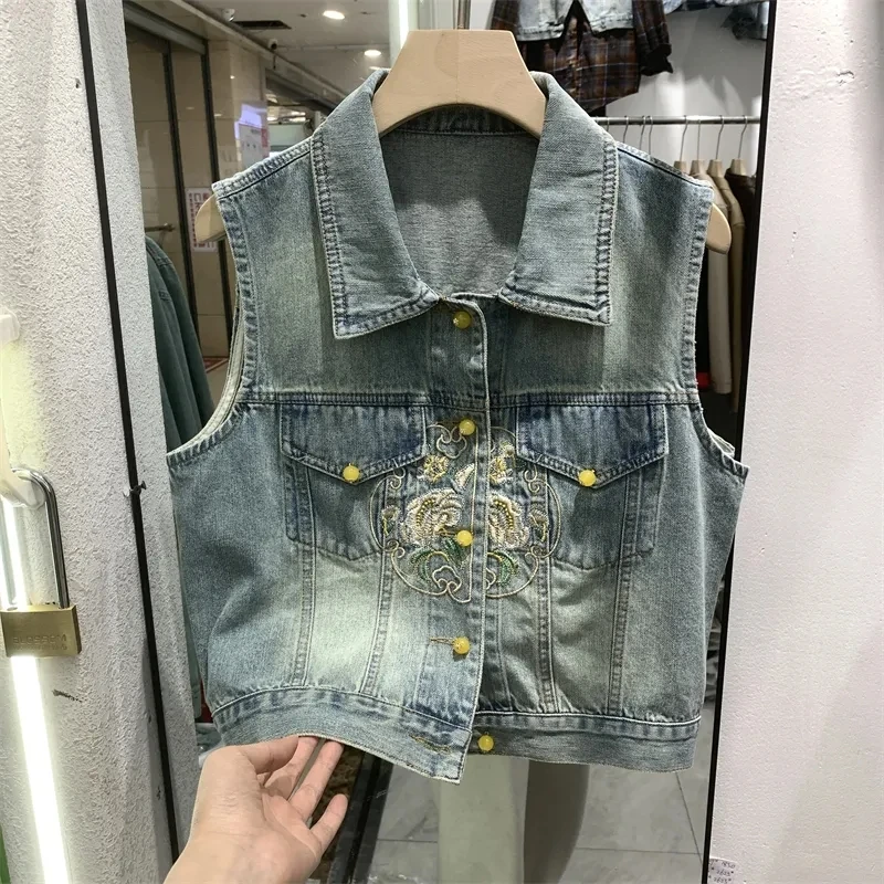 

Женские куртки Женские жилеты Джинсовый жилет с вышивкой Женское короткое пальто Новый летний китайский жилет без рукавов Майка пальто Tide