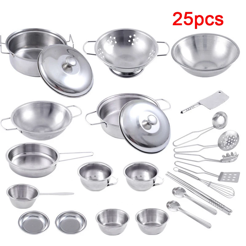 25 pezzi MINI utensili da cucina giocattoli set per bambini ragazza in acciaio inossidabile può contenere cibo cucina giocattoli da cucina educazione finta di giocare