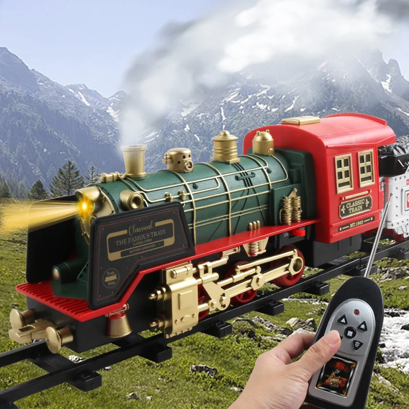 Remote Controlled Smoking Rail Car Toy Charging Children's Steam Christmas Train Model Simulation Boy Car