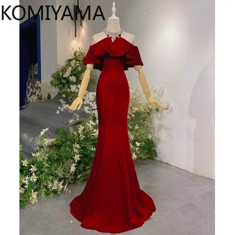 Customized O-neck Beading Design Simple Slim Waist Elegant Wedding Party Dresses Ruffles Shoulder Strapless Prom Dress Trumpet E