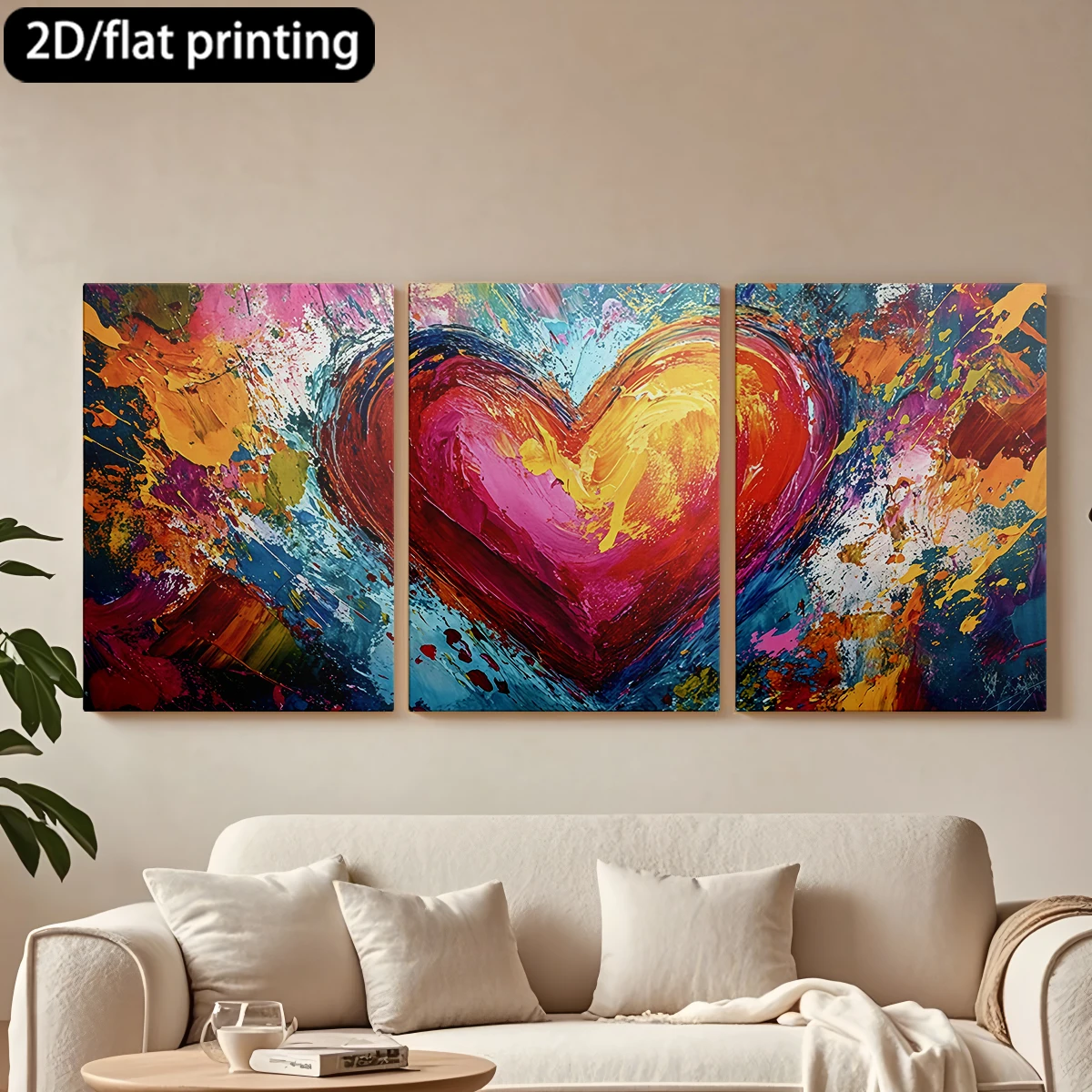 

2D плоская печать, 3-х частная декоративная картина на холсте в деревянной раме. Яркое сердце, художественное исполнение с эффектом разбрызгивания цвета.