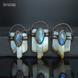 10Pcs Antique Bronze Color Labradorite Agates Vintage Handmade Jewelry Soldered Free Form Strip Point Pendant PM48807