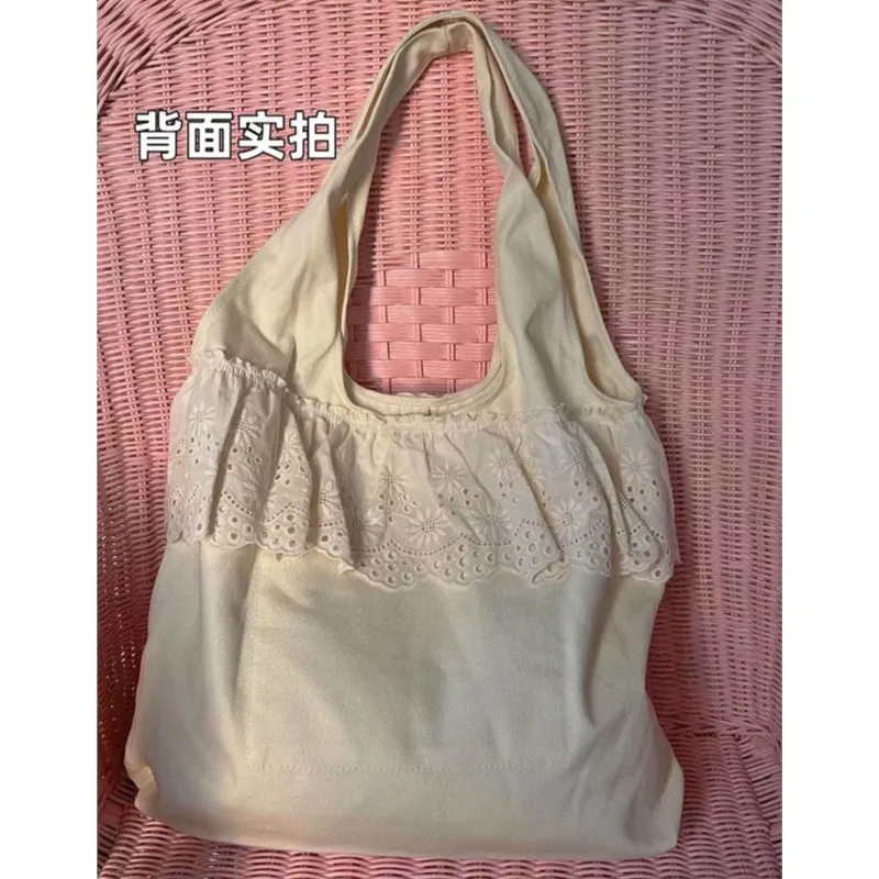 JIAERDI Rabbit Embroidery Beige Shoulder Bags Women Lolita Cute Lace Large Capacity Tote Bag Handbag Female Canvas Underarm Bag