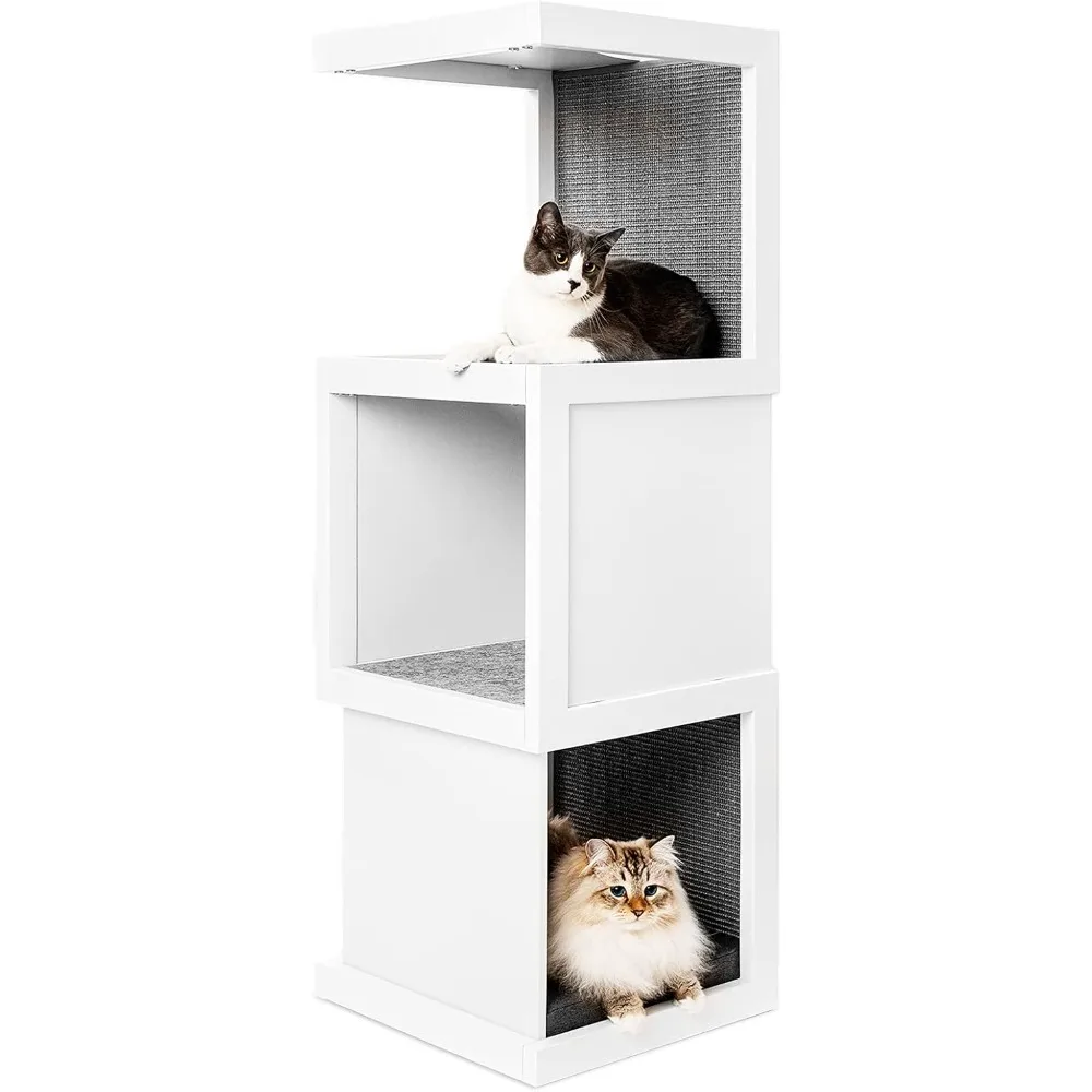 

Cat Tower with vegetable dyed sisal scratch column, 3 climbing holes, soft felt pad, cat bed; Indoor Cat Tower