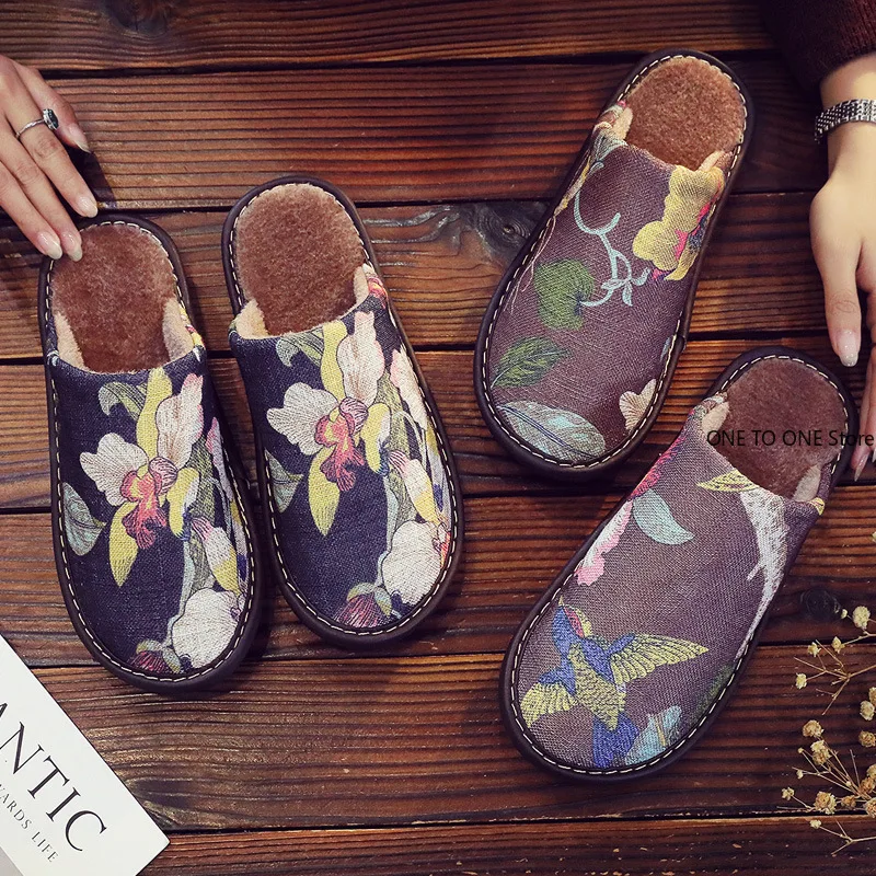 

2026 Cotton Linen Floral Prints Indoor Slippers Men And Women Non-slip Soft Bottom Mute All Season Wearable Couple's Home Shoes