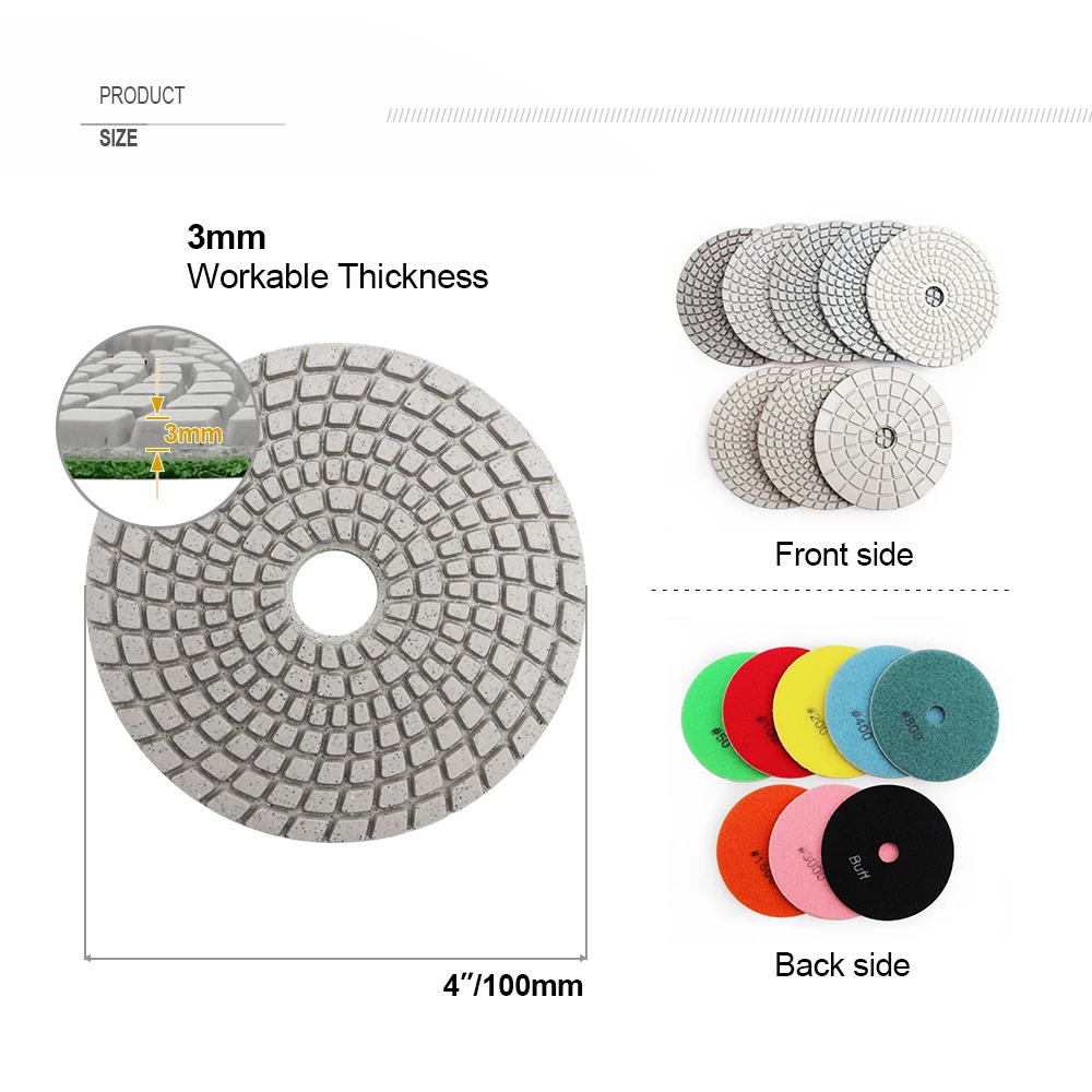 SHDIATOOL 8pcs 100mm Diamond Flexible Wet Polishing Pads Granite Marble Terrazzo Sanding Discs Abrasive Tool 4inch Grit 50-buff