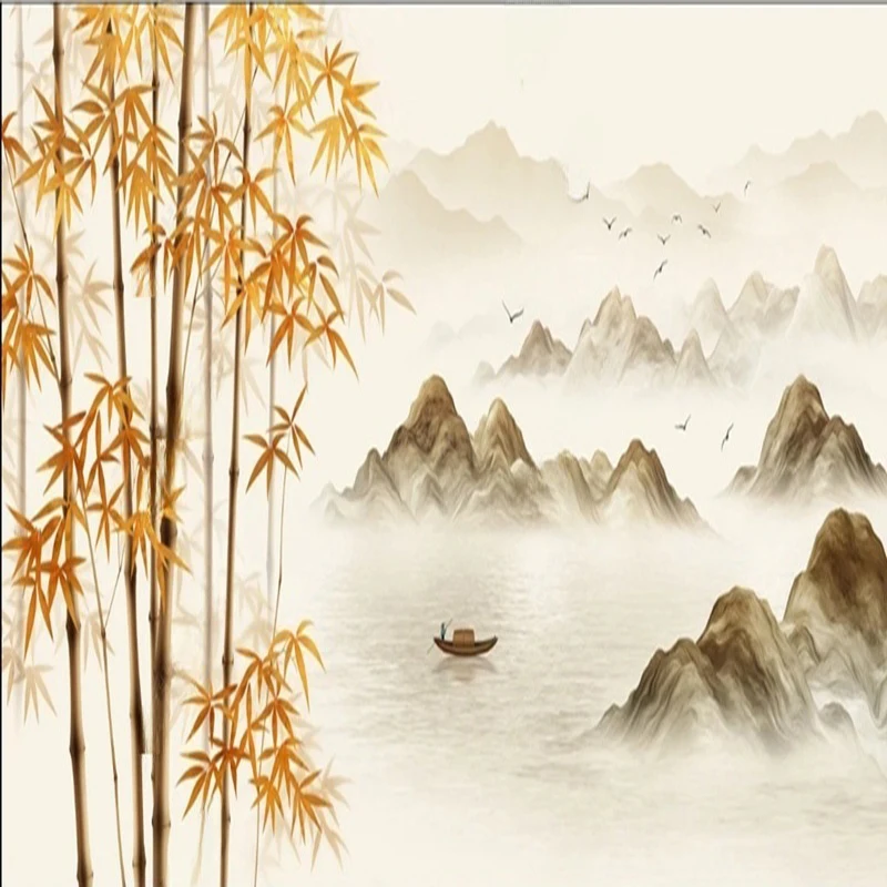 Custom Wallpaper New Chinese Style Bamboo Mountain Landscape Mural Wall Arts Hand-Painted Home Decor Painting for Living Room