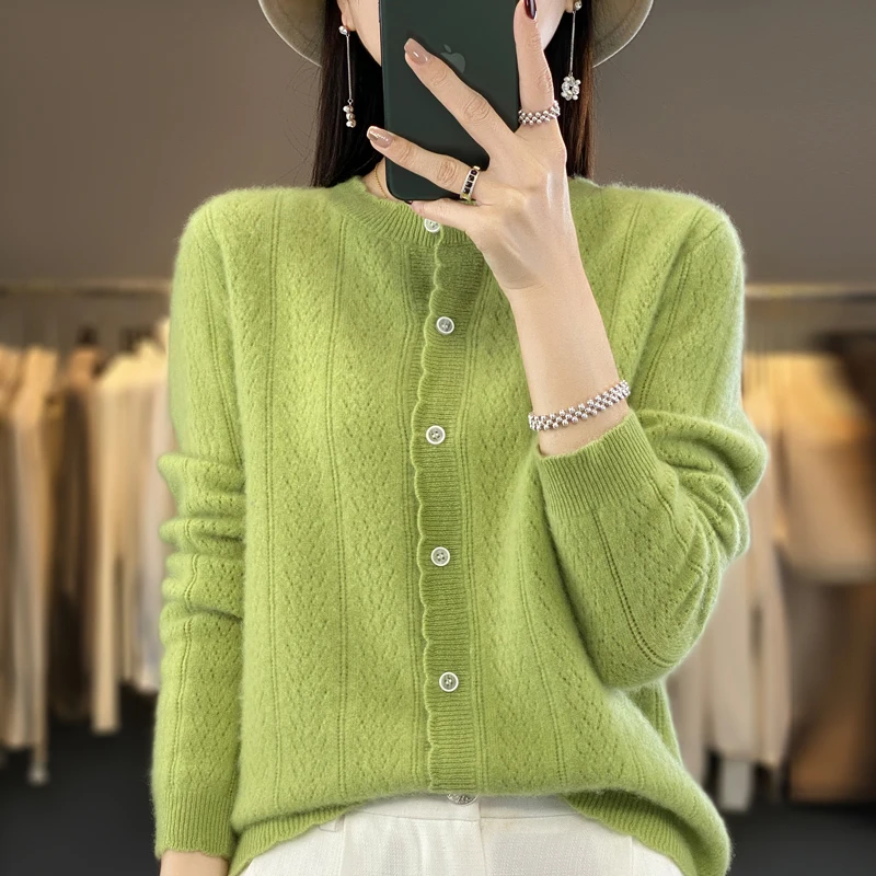 

New Autumn Winter Cashmere Sweater Women 100% Merino Wool Sweater Round Neck Cardigan Casual Lace Up Knitted Clothing Tops