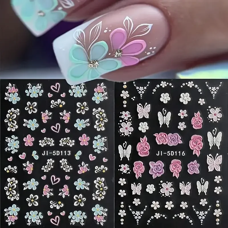 5D Embossed Floral Nail Sticker Spring with Pink Blue Petals Butterfly & French Line Nail Decals for DIY Manicure Decoration