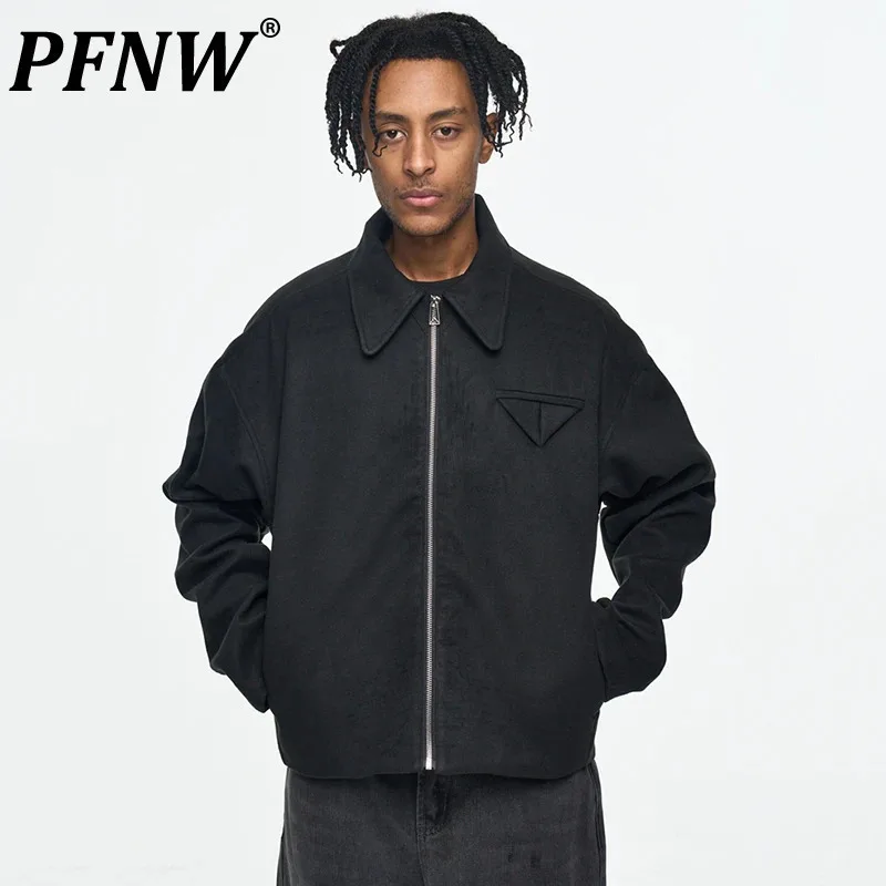 PFNW Dark Style Men\'s Jackets Turn-down Collar Solid Color Zipper Short Male Coat New Autumn Menwear American Design 2024 12C866