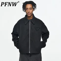 PFNW Dark Style Men's Jackets Turn-down Collar Solid Color Zipper Short Male Coat New Autumn Menwear American Design 2024 12C866