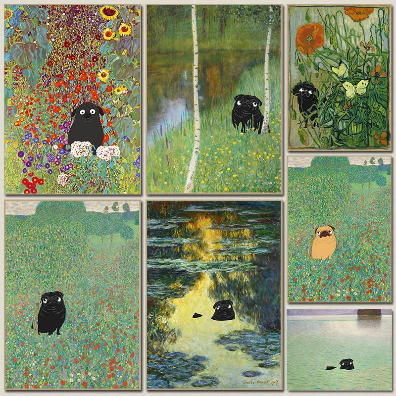 Funny Dog Klimt Poppies Pug Flowers Posters Birch Forest Modern Prints Canvas Painting Wall Art Pictures Home Living Room Decor