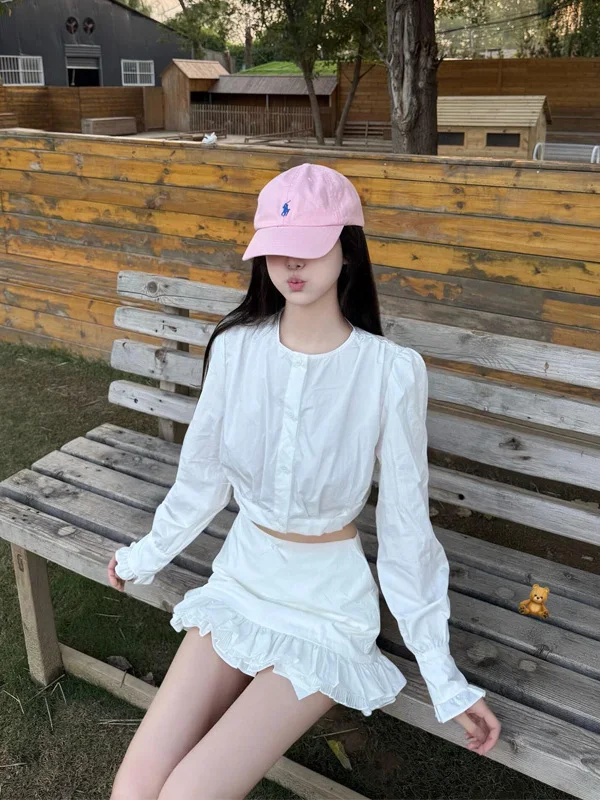 

Slimming Pure Desire Long Sleeve Women's Shirt And Half Skirt Set with Lace Hem High Waist French Style Autumn Fashion Set