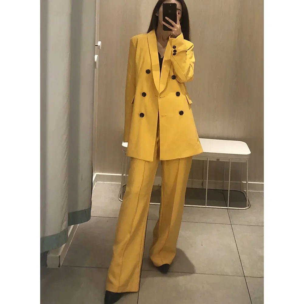 Fashion Solid Women Suits Elegant Shawl Lapel Double Breasted Wear Chic Basic Party Casual Office Lady Pants Sets Two Piece