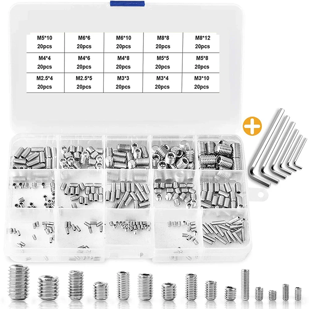 300 Piece M2.5/M3/M4/M5/M6/M8 Socket Set Screw Combo Kit with Allen Driver, 304 Stainless Steel (Metric)