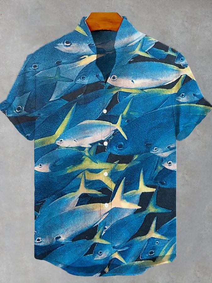 Fashion Men\'s Casual Sea Life Graphic Short Sleeve Shirts Button Down Lapel Shirts Oversized Tops Casual Hawaiian Shirt for Men