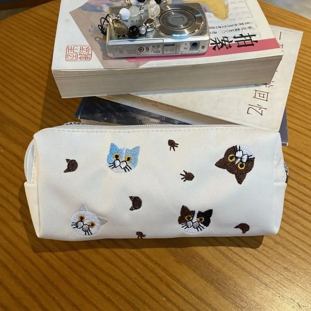Cute Cat Embroidery Pencil Case Portable Large Capacity Stationery Bag For School Students Makeup Storage Bag