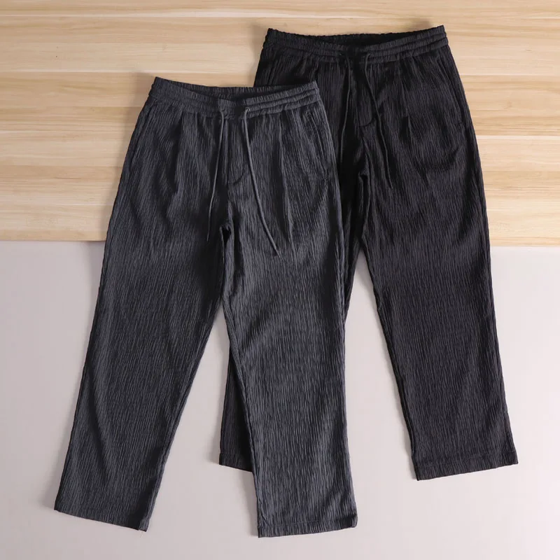 

Модные городские мужские свободные брюки с эластичной резинкой на талии, весна-лето, прямые длинные брюки, универсальные повседневные брюки со сложенной текстурой