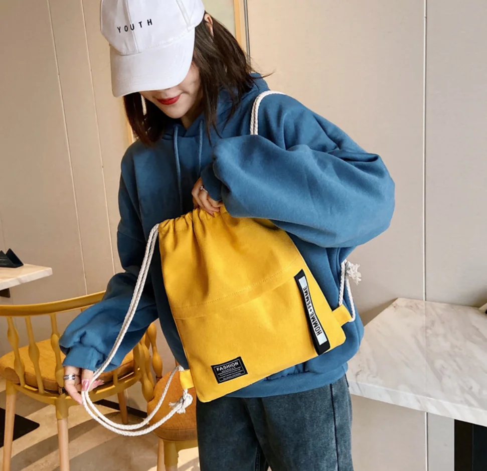 2026 New Drawstring Backpack Solid Color Fashion Canvas Bag Bundle Pocket Korean Edition Women's Bag Drawstring