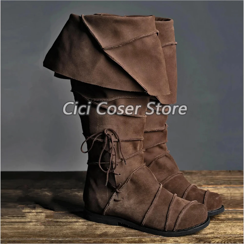 Medieval Vintage Folded Knee High Boots Faux Suede Boots Renaissance Pirate Knight Halloween Party Stage Cosplay Costume Shoes