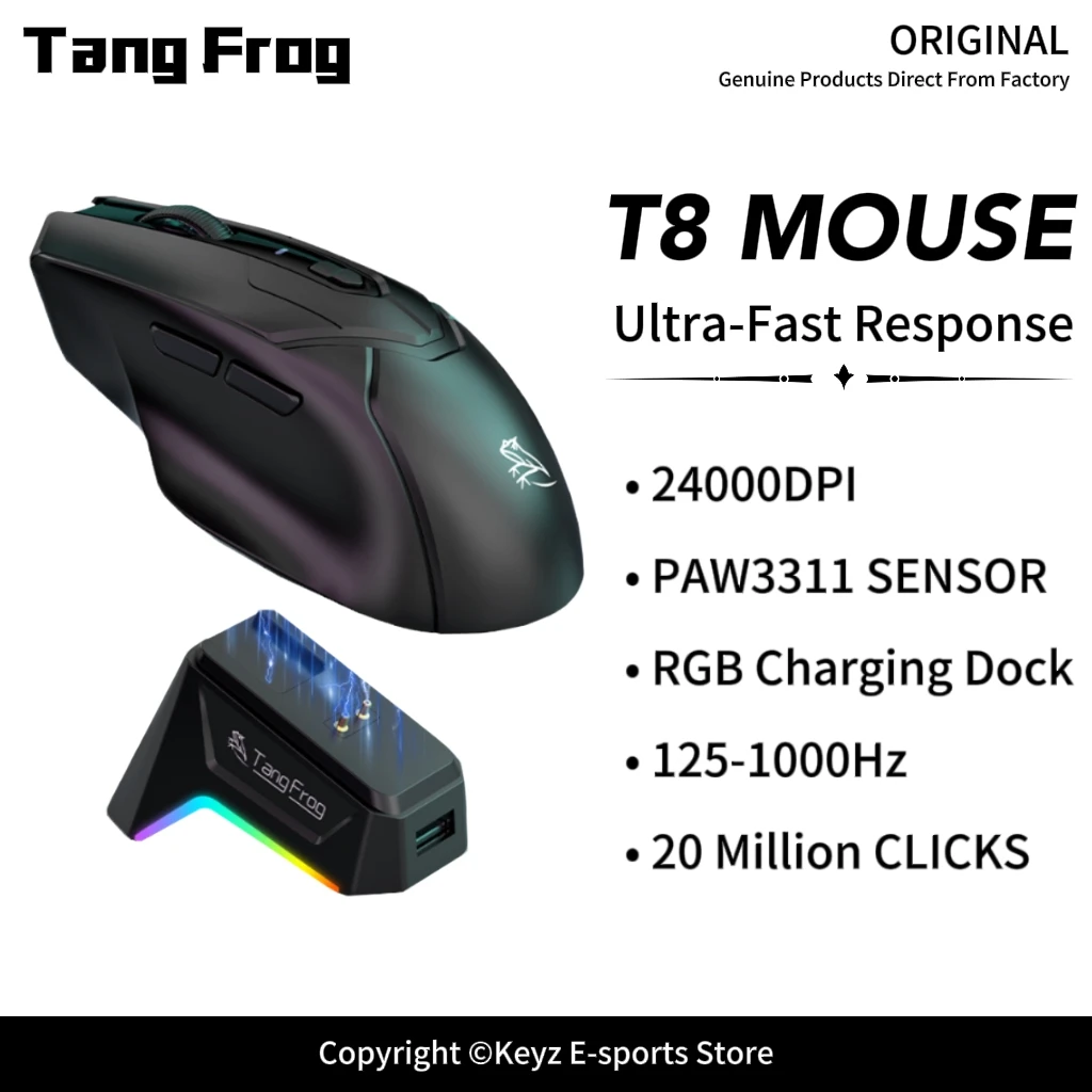 3-Mode Wireless Gaming Mouse RGB Charging Dock Tang Frog T8 Bluetooth Mouse PAW3311 Optical Sensor 24000DPI 20 Million Clicks